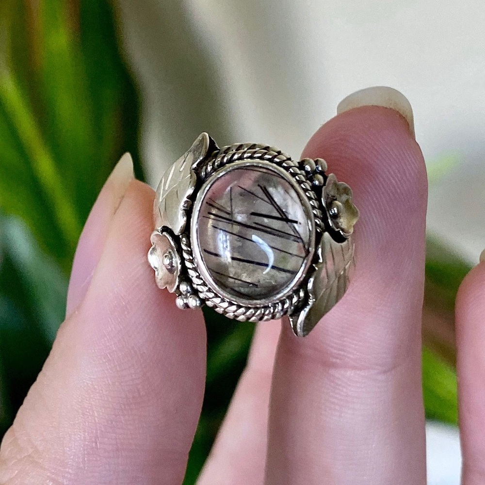 Black tourmaline in quartz silver ring size 5.75